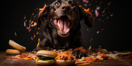 Joyful dog savors a tasty treat of hot dogs, embodying a light-hearted and cheerful scene. AI generative.の素材