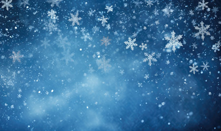 Serene winter scene with gentle snowflakes and ethereal bokeh against a deep blue sky, evoking tranquility and wonder. AI generative.の素材