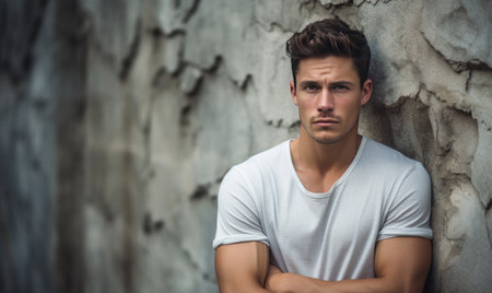 Young man with an intense gaze leans against a cracked wall, embodying urban grit and contemplation. AI generative.の素材