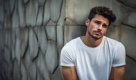 Young man with an intense gaze leans against a cracked wall, embodying urban grit and contemplation. AI generative.の素材