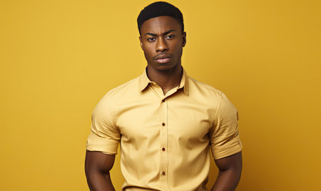 Man in striking yellow attire exudes confidence, connecting with the viewer through intense gaze. AI generative.の素材