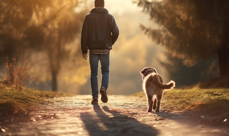 Man and dog share a serene walk in the woods, bathed in the warm glow of a setting sun. AI generative.の素材