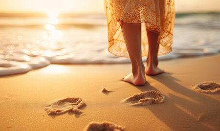 Woman strolling on the beach at sunset, golden hue casting a picturesque ambiance. AI generative.の素材