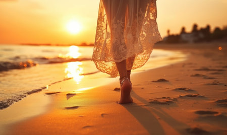Woman strolling on the beach at sunset, golden hue casting a picturesque ambiance. AI generative.の素材
