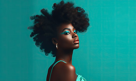 Confident black woman with afro against vibrant turquoise wall, radiating style and grace. AI generative.の素材