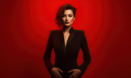 Woman in black suit exudes confidence against a vivid red backdrop. AI generative.の素材