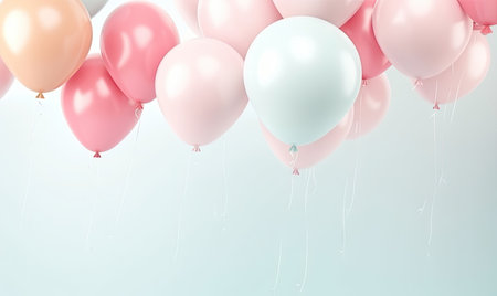 A lively celebration scene with colorful pastel balloons floating against a crisp white setting. AI generative.の素材