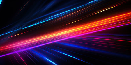 Bright, flowing neon waves create a lively and futuristic pattern, showcasing energetic movement in a dark backdrop. AI generative.の素材