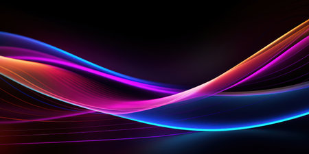 Bright, flowing neon waves create a lively and futuristic pattern, showcasing energetic movement in a dark backdrop. AI generative.の素材