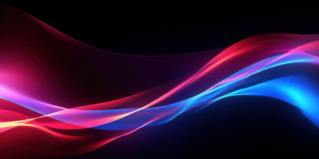 Bright, flowing neon waves create a lively and futuristic pattern, showcasing energetic movement in a dark backdrop. AI generative.の素材