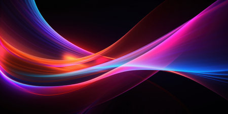 Bright, flowing neon waves create a lively and futuristic pattern, showcasing energetic movement in a dark backdrop. AI generative.の素材