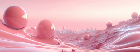 Stunning 3D featuring pink-toned waves interspersed with floating spheres, creating a surreal ambiance. AI generative. AI generative.の素材