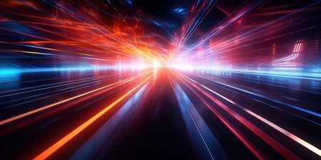 Ethereal neon glow on a blurred futuristic pathway, evoking a sense of speed. AI generative.の素材