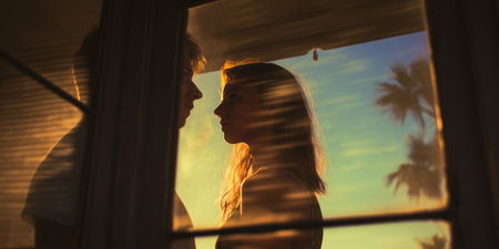 Close-up of a pair standing together, their features illuminated by the sun's embrace. AI generative.の素材