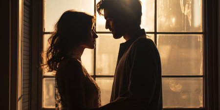 Close-up of a pair standing together, their features illuminated by the sun's embrace. AI generative.の素材