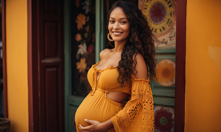 Radiant expectant mother tenderly touching her baby bump. AI generative.の素材