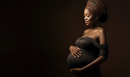 Radiant expectant mother tenderly touching her baby bump. AI generative.の素材