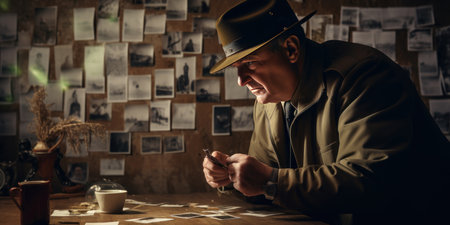 Focused detective studying photographs, immersed in solving a case in a dark setting. AI generative.の素材