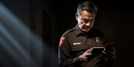 Focused detective studying photographs, immersed in solving a case in a dark setting. AI generative.の素材