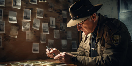 Focused detective studying photographs, immersed in solving a case in a dark setting. AI generative.の素材