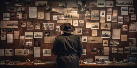 Focused detective studying photographs, immersed in solving a case in a dark setting. AI generative.の素材