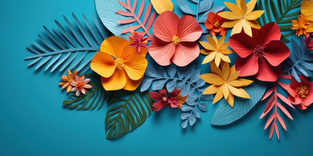 Colorful paper flowers and leaves, flat lay artistry. AI generative.の素材