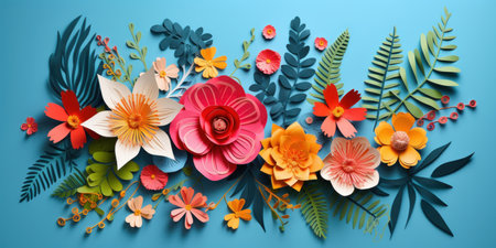 Colorful paper flowers and leaves, flat lay artistry. AI generative.の素材
