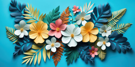 Colorful paper flowers and leaves, flat lay artistry. AI generative.の素材