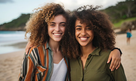 Two diverse young women, exuding happiness and friendship on a soft background. AI generative.の素材