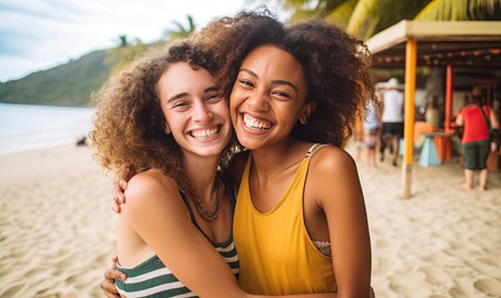 Two diverse young women, exuding happiness and friendship on a soft background. AI generative.の素材
