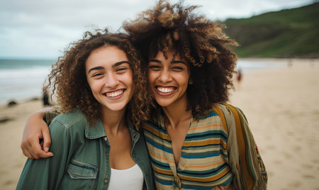 Two diverse young women, exuding happiness and friendship on a soft background. AI generative.の素材