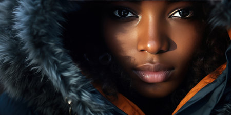 Ethereal beauty in winter, Woman with striking eyes, framed by snowflakes. AI generative.の素材