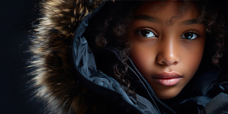 Close-up of a young black girl in a luxurious fur hooded coat, radiating innocence and elegance. AI generative.の素材