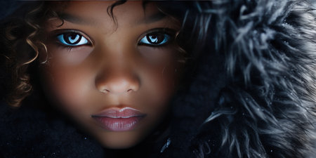 Close-up of a young black girl in a luxurious fur hooded coat, radiating innocence and elegance. AI generative.の素材