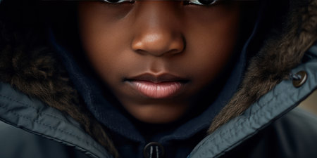 Captivating close-ups of child in winter attire, highlighting unique features and youthful wonder. AI generative.の素材