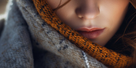 Intimate portrait of a woman with vivid lips and colorful scarf, showing beauty and expression. AI generative.の素材