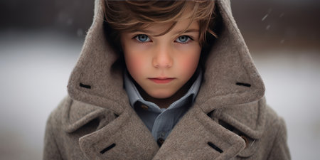 Formal portrait of a boy in winter attire, featuring a knotted necktie and a dusting of snow. AI generative.の素材