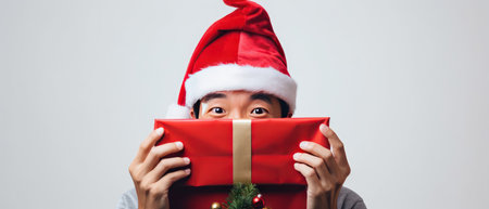 Joyful man in a red hat peeking from a Christmas tree, surrounded by lights and ornaments. AI generative.の素材