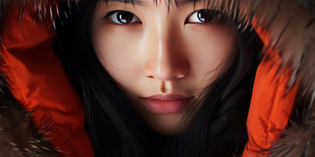 Close-up of an Asian woman, highlighting her expressive eyes and flawless skin in winter fashion. AI generative.の素材