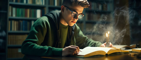 Young man in glasses deeply engrossed in a book, in a library with a backdrop of bookshelves. AI generative.の素材