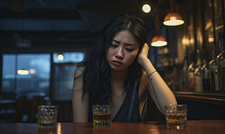 Serene woman at a bar table with a glass of whiskey in a dimly lit, peaceful setting. AI generative.の素材