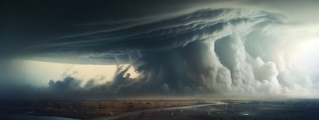 Dramatic storm with lightning over a field showing nature's fury. AI generative.の素材