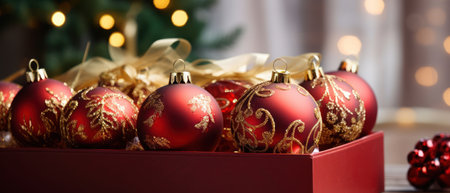 Vibrant red and golden Christmas ornaments in box, festive table setting. AI generative.の素材