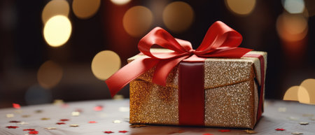 Elegant Christmas present, close-up of shiny gold box with red bow, festive background. AI generative.の素材