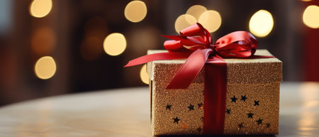 Elegant Christmas present, close-up of shiny gold box with red bow, festive background. AI generative.の素材