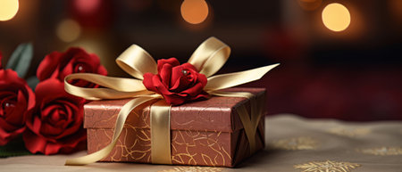Romantic scene with red gift box and roses, gold ribbon adding a touch of elegance. AI generative.の素材