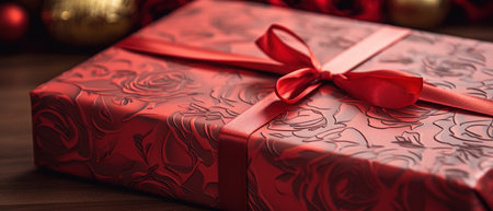 Vibrant red wrapped gift box, perfect for special occasions, with shiny ribbon. AI generative.の素材