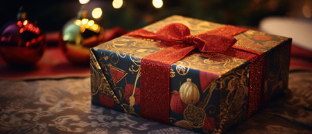 Elegant patterned gift box with red bow, accompanied by Christmas on background. AI generative.の素材
