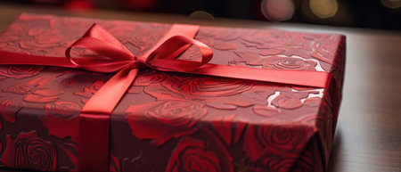 Vibrant red wrapped gift box, perfect for special occasions, with shiny ribbon. AI generative.の素材