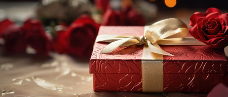 Romantic scene with red gift box and roses, gold ribbon adding a touch of elegance. AI generative.の素材